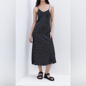 The Drop Ana Silky V Neck Midi Slip Dress Black & White Polka Dot